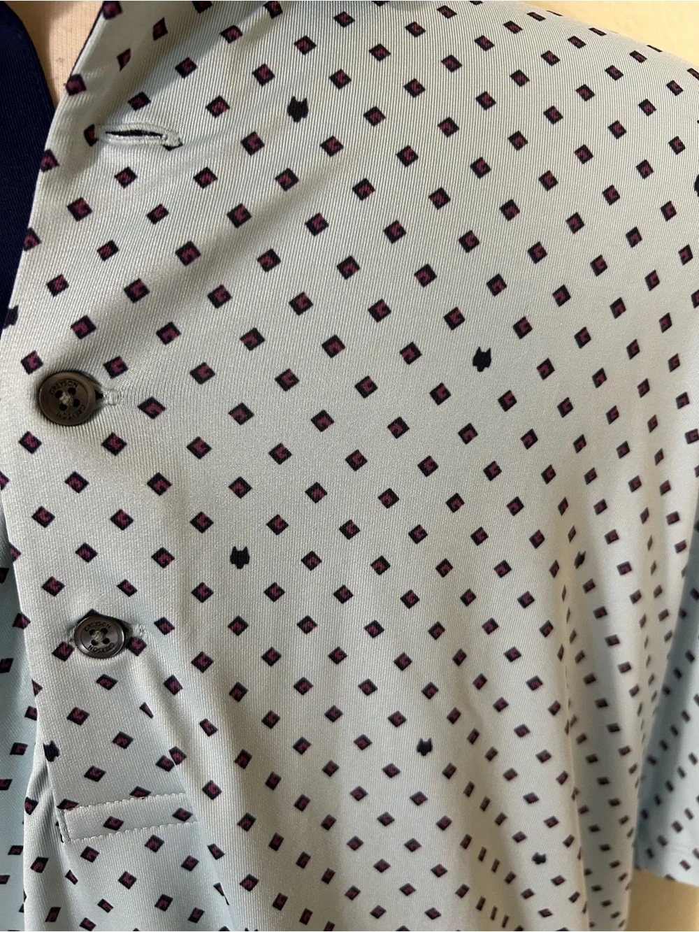 Greyson polo mens M blue all over print lighweight moisture wicking Tetherow